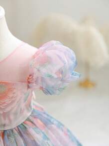 SHEIN Glamorique Kids 泡泡袖花卉印花公主薄纱连衣裙 - 粉色 - 查看 3