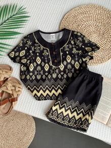 SHEIN 2pcs Set Baby Boys/Girls Traditional Pattern Round Neck Short Sleeve Pullover Top And Elastic Waist Shorts - Multicolor - View 5