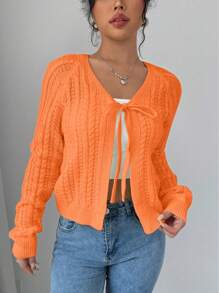 Chiquease Französischer lässiger vielseitiger Weizenähren-strukturierter Vorder-Schleife Cardigan mit Langarm Strickpullover für Frauen