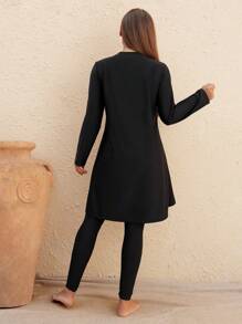 Swim Mulvari Springbreak 3-Piece Women Beach Outfits: Black Crew Neck Sleeveless Top And Pants Burkini Set, And Long Sleeve Modest Solid Color Crew Neck Swimsuit, Bohemian Festival Summer Beachwear - Black - View 3