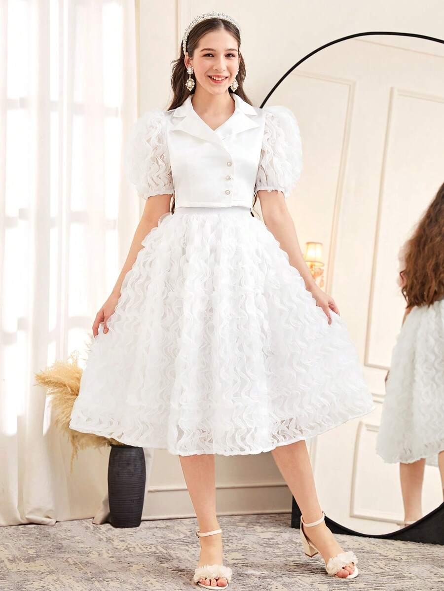 SHEIN 少女优雅翻领泡泡袖衬衫和裙子两件套 - 白色 - 查看 1