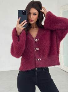 Firerie Cardigan Wanita Elegan Kasual untuk Beraktivitas di Rumah, Nyaman, dengan Hiasan Pita dan Rhinestone, Cocok untuk Musim Dingin - Burgundy - View 7