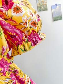 Soleia Plus Size Women Puff Sleeve Top, Vacation Bowknot Hollow Tropical Floral Print, Spring & Summer - Multicolor - View 5