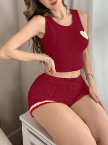 SHEIN 女士心形印花吊带背心和短裤睡衣套装休闲套装 - 紅色 - 查看 5