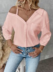 SHEIN Essnce Women's Spring/Fall Solid Color Asymmetric Collar Dropped Shoulder Loose Casual Blouse Spring And Summer New Fashion Street Style Casual Asymmetrical Shoulder Shirt - Baby Pink - View 6