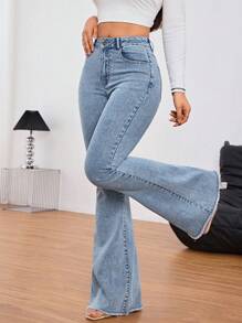 SHEIN Tall Solid Color Pocket Zipper Button Wide-Leg Jeans, Suitable For Daily Wear - Medium Wash - View 8