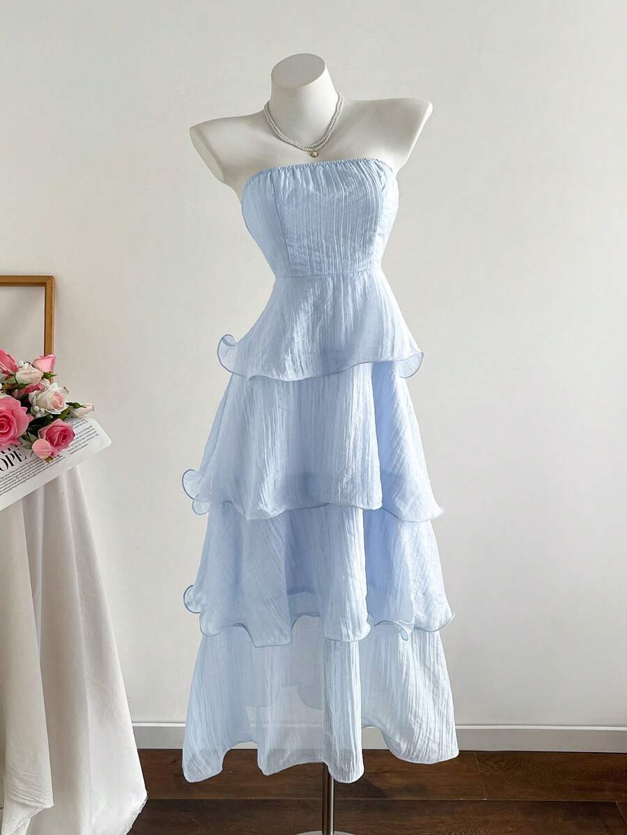 Elamini 纯色性感露背多层超长连衣裙