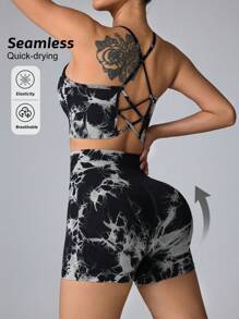Core Rhythm Conjunto de top deportivo y shorts con efecto tie-dye para mujer, conjunto de ropa deportiva para mujer - Blanco y Negro - Ver 2