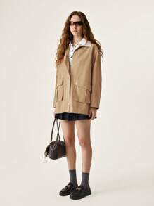 SHEIN Unity Women's Plain Long Sleeve Zippered Front Pocket Casual Jacket For Autumn - Khaki - View 6