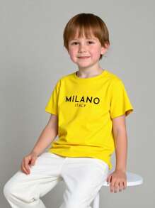 Young Boy Milano Italy Print Round Neck Short Sleeve Casual Basic Yellow T-Shirt - Yellow - View 3