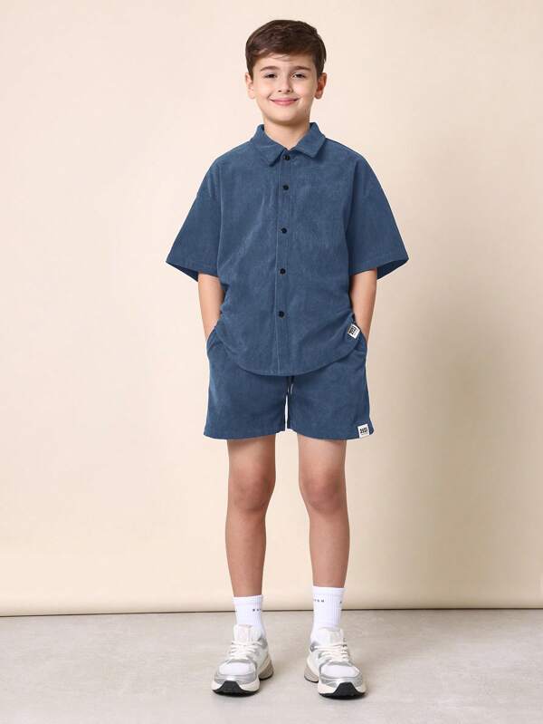 SUMWON Corduroy Boys Matching Set Summer Casual Short Sleeve Button Down Shirt Shorts Two-Piece Outfit Weekend Holiday Resort Wear Beach Travel Vacation Children'S Fashion