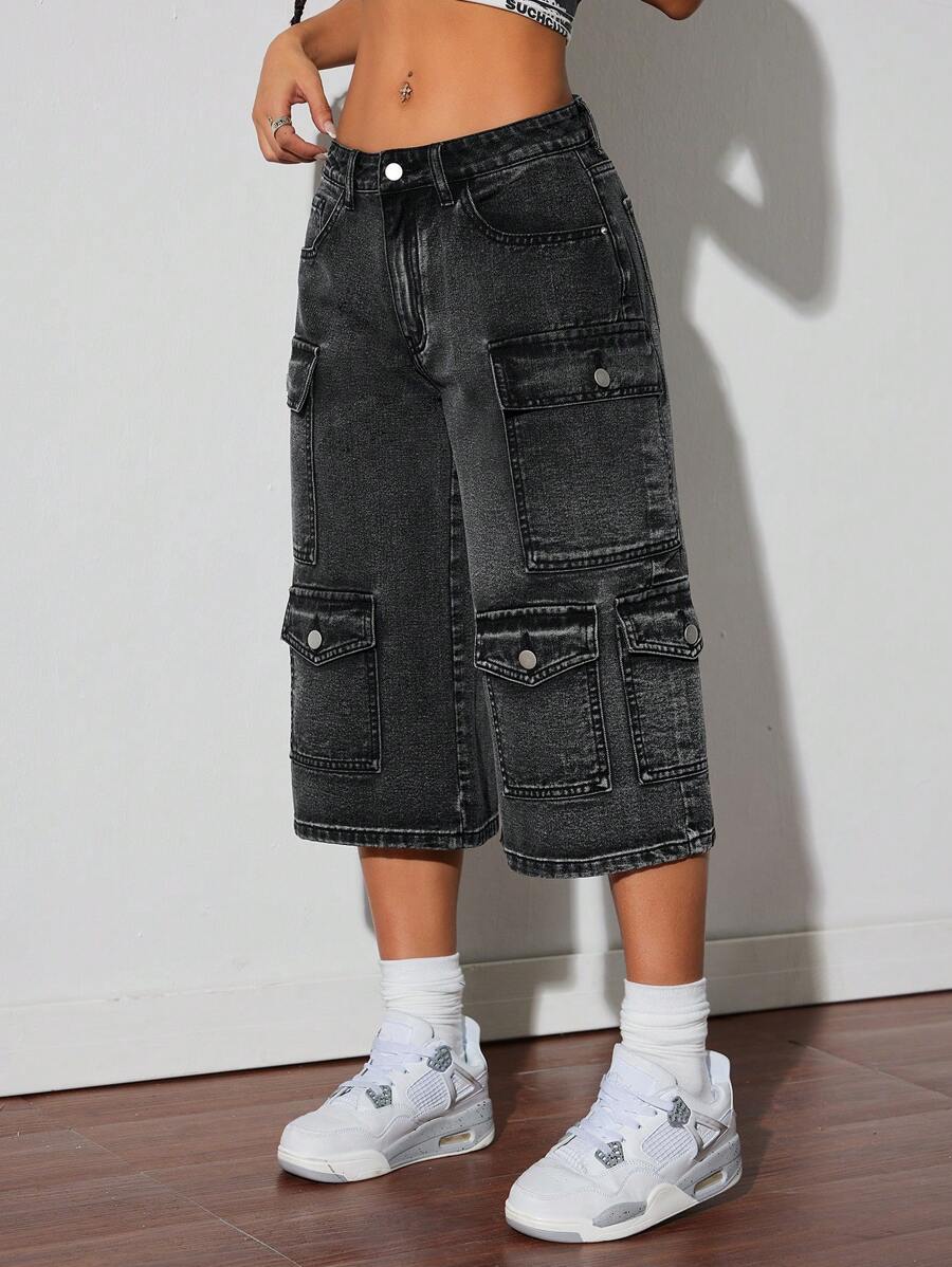 SHEIN ICON 女士休闲高街七分牛仔工装裤 - 黑色 - 查看 1