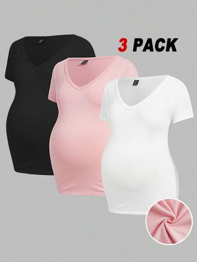 SHEIN 3st gravida kvinnors enfärgade V-ringad T-shirt för gravida