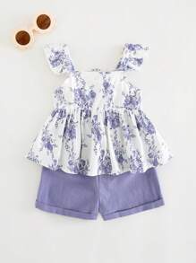 Cozy Pixies Baby Girl 2pcs/Set Floral Print Halter Ruffle Top And Elastic Waist Shorts Set