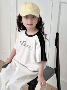 DAZY Young Girls Round Neck Knitted Letter Print Color Block Loose Short Sleeve T-Shirt, Spring/Summer
