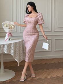 DAZY Vestido de longitud media con cuello cuadrado y mangas abullonadas con estampado floral para mujeres, vestido de fiesta elegante y vestido de verano formal para mujeres