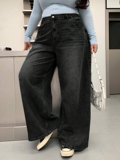 Dazy Plus Plus Size Women Vintage Wash Distressed Wide Leg Long Denim Jeans,Baggy Jeans