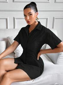 Aveloria Modichic 纯色褶皱前衬衫裙女士工作服连衣裙优雅 - 黑色 - 查看 3