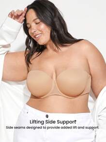 LUVLETTE Plus Woman 内衣裸色透气无肩带隐形无缝聚拢钢圈 T 恤内衣外穿基本款半罩杯文胸 - 杏色 - 查看 10