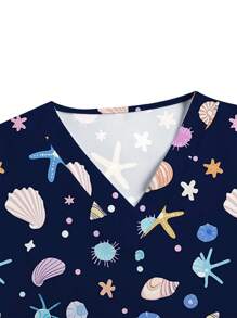 PopScrub 女士卡通贝壳印花短袖护士制服上衣