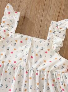 SHEIN Girls' Casual Princess Style Floral Print Dress, Beige
