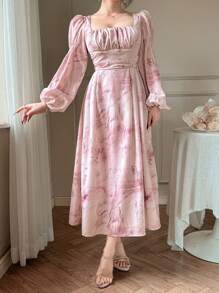 DAZY 女士春秋情人节方领扎染长袖中长连衣裙 - 粉色 - 查看 5
