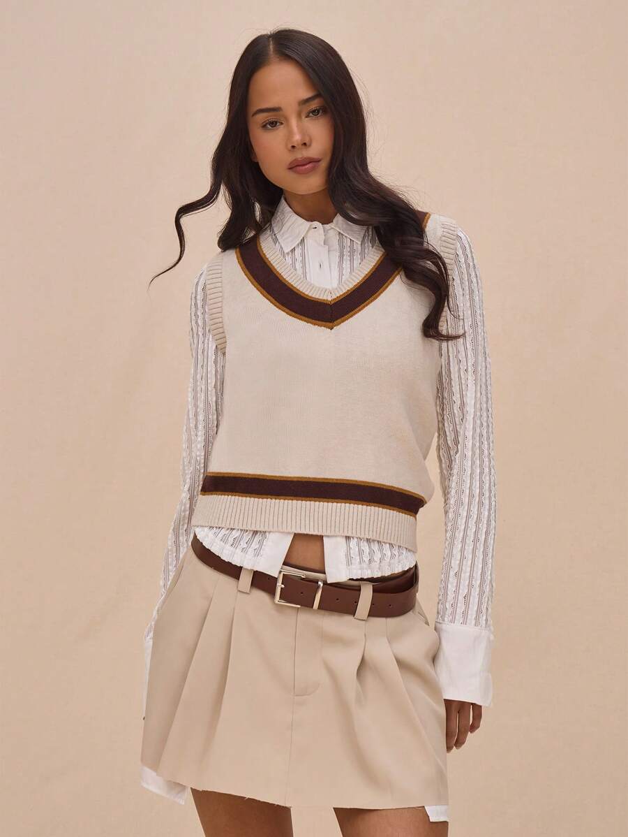 MUSERA Knit Plunge V Neck Contrast Trim Sleeveless Fitted Vest, Spring Top Old Money Summer - Multicolor - View 1