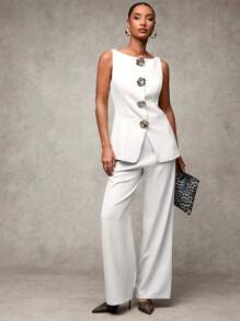 SHEIN BAE Women's Elegant Gold Tone 3D Floral Button Sleeveless Jacket And Pants Set In Fall/Winter - White - View 3