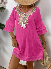 EMERY ROSE Women Fashionable Notched V-Neck Dress With Colored Pom-Pom Decoration Vacation Beach Outfit - Hot Pink - View 4