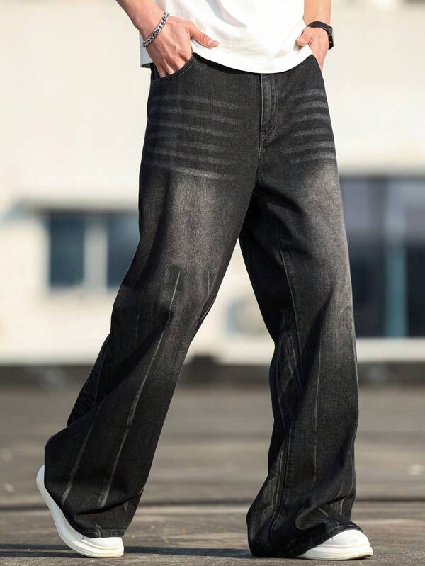Manfinity Homme Men's Pocket Loose Wide Leg Casual Versatile Denim Jeans