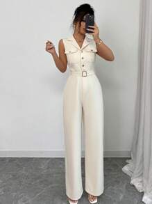 Elenzga 女式高端无袖连体裤，配有金属腰带、口袋、金色纽扣、翻领、腰部收褶、拉链长裤，优雅大方，春夏