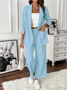 SHEIN Clasi Light Business Casual Button Colorblock Striped Sleeve Blazer Jacket & Drawstring Waist Elastic Pants Suit Set Fall Cloth For Women - Baby Blue - View 3