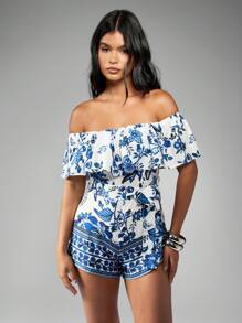 MISSGUIDED 印花巴多褶边多层连身裤配腰带夏季可爱连身裤 - 藍色 - 查看 1