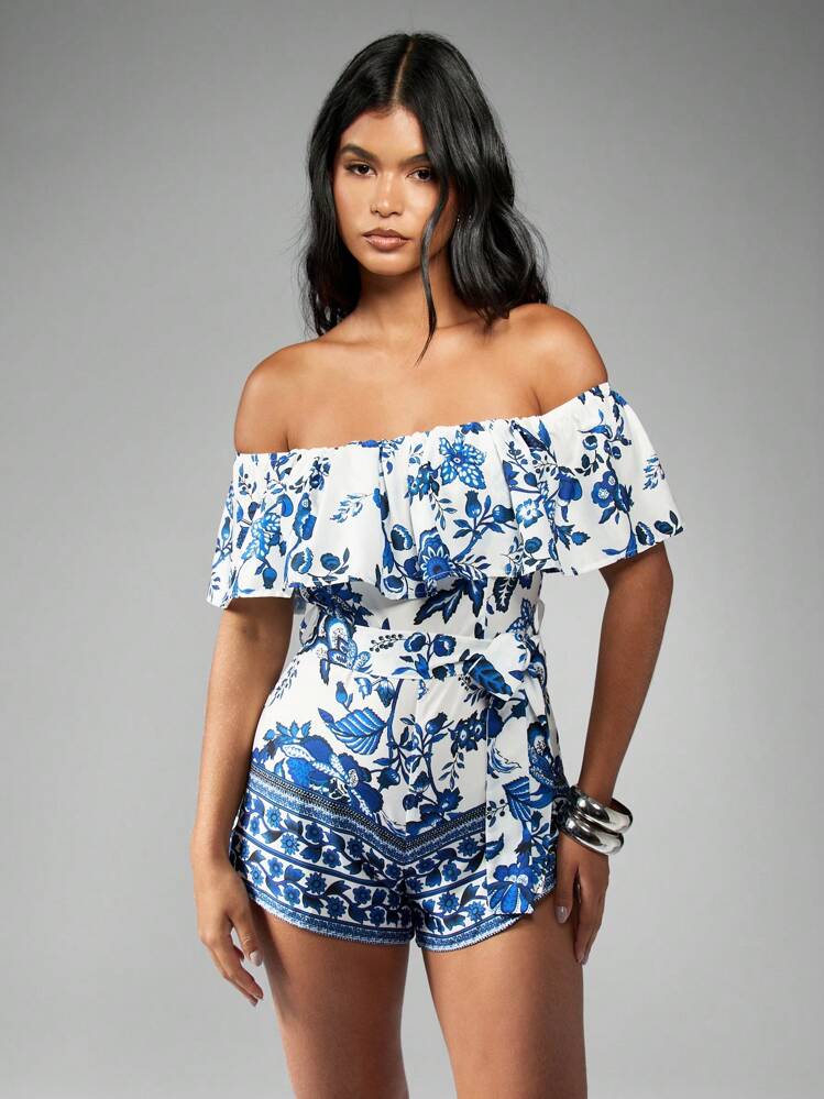 MISSGUIDED Printed Bardot Frill Layer Playsuit With Belt Summer Cute Romper - Blue - View 1