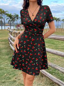 SHEIN EZwear Summer Holiday Cherry Print V-Neck A-Line Short Dress