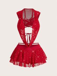 SHEIN ICON Fitted Sparkling Mesh Hooded Tank Top + Layered Hem Skirt 2 Pieces Set For Women - Red - View 2