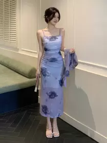 DAZY 2pcs Women Floral Print Mesh Long Sleeve Top And Dress Set, Minimalist