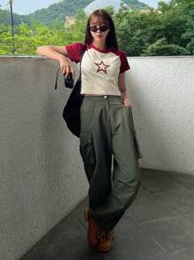 DAZY Camiseta corta de manga raglán con estampado de estrella, Camisetas gráficas Estilo Y2K - Burdeos - Ver 6