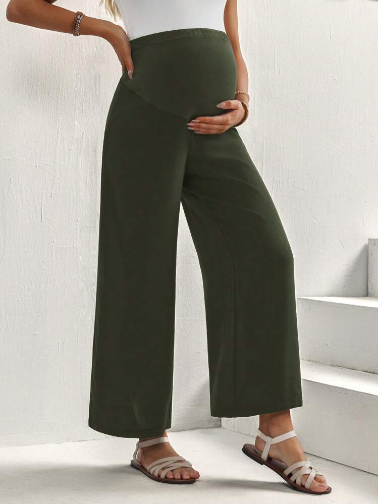 SHEIN Pregnant Women Solid Color Adjustable Waist Wide Leg Casual Pants - Green - View 6