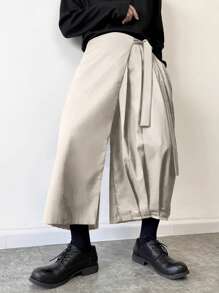 Manfinity Roghcode Fashionable Tie Waist Pleated Elastic Waist Wide Leg Solid Color Pants - Beige - View 4