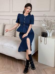 DAZY Women's Washed Denim Shirt & Denim Skirt Suit - Medium Wash - View 6