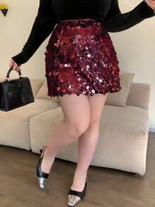 Dazy Plus Plus Size Sequin Embellished Bodycon Mini Skirt, Versatile For All Seasons Club New Years - Burgundy - View 1