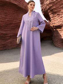 Layrah Women's Rhinestone Decor V-Neck Long Sleeve Arabic Traditional Dress, Modest Kaftan - Mauve Purple - View 4