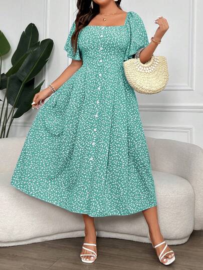Flirla Plus Size Women's Ditsy Floral Print Square Collar Buttoned Dress Maxi Women Outfit