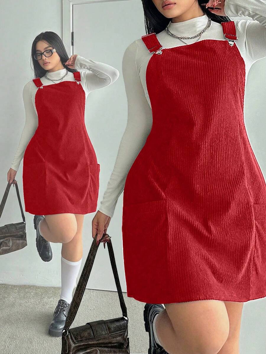 POPSWAY Plus Size Utility Pockets A-Line Pinafore Strap Dress