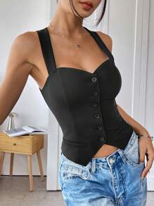 SHEIN EZwear Women's Black Single-Breasted Open Front Suit Vest - Black - View 1