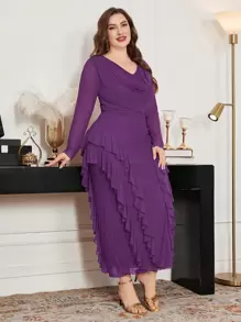 Modelyn Plus Size Elastic Net Fabric Off-Shoulder Ruffle Hem Tight Elegant Dress, Spring/Summer - Red Violet - View 3