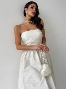 Firerie 优雅的白色中长荷叶边连衣裙，提花纹理收腰喇叭裙，适合情人节、婚礼季节、春夏季，白色毕业礼服端庄 - 白色 - 查看 5