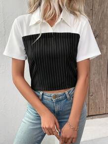 SHEIN Clasi 女士短款条纹短袖休闲衬衫 - 黑與白 - 查看 4