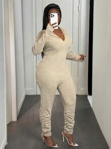 Slaydiva Plus Size damski jednokolorowy kombinezon z długim rękawem i zamkiem błyskawicznym z przodu - Kolor khaki - Zobacz 3